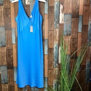 A new day blue silky double slit dress